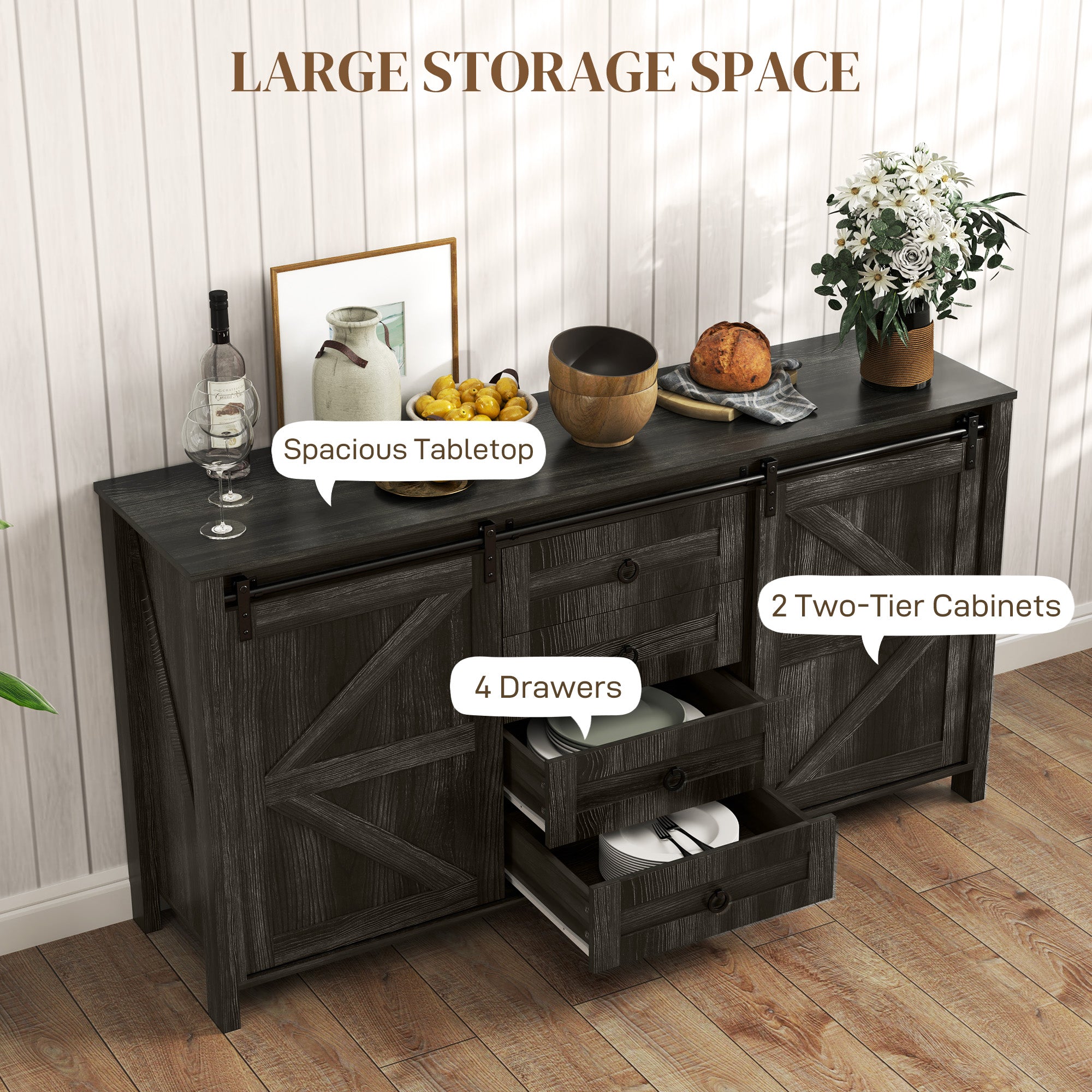 Armario Buffet de 60, Aparador de Estilo Granja con Puertas Correderas de Establo, Cajones y Estanterías Ajustables, Gris Oscuro Desgastado