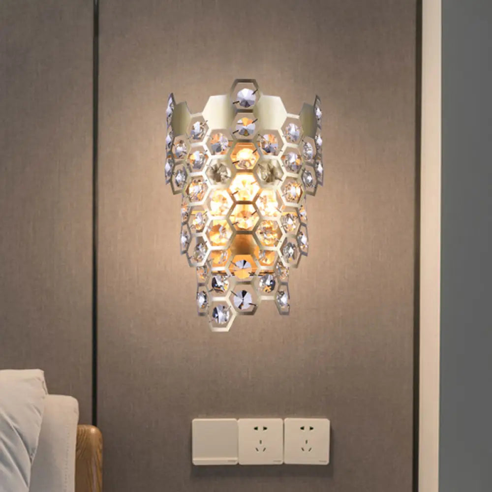 DecorBites™ Champagne Hexagon-Crystal Wall Sconce with 3 Tapered Bulbs - Contemporary Flush Mount Light