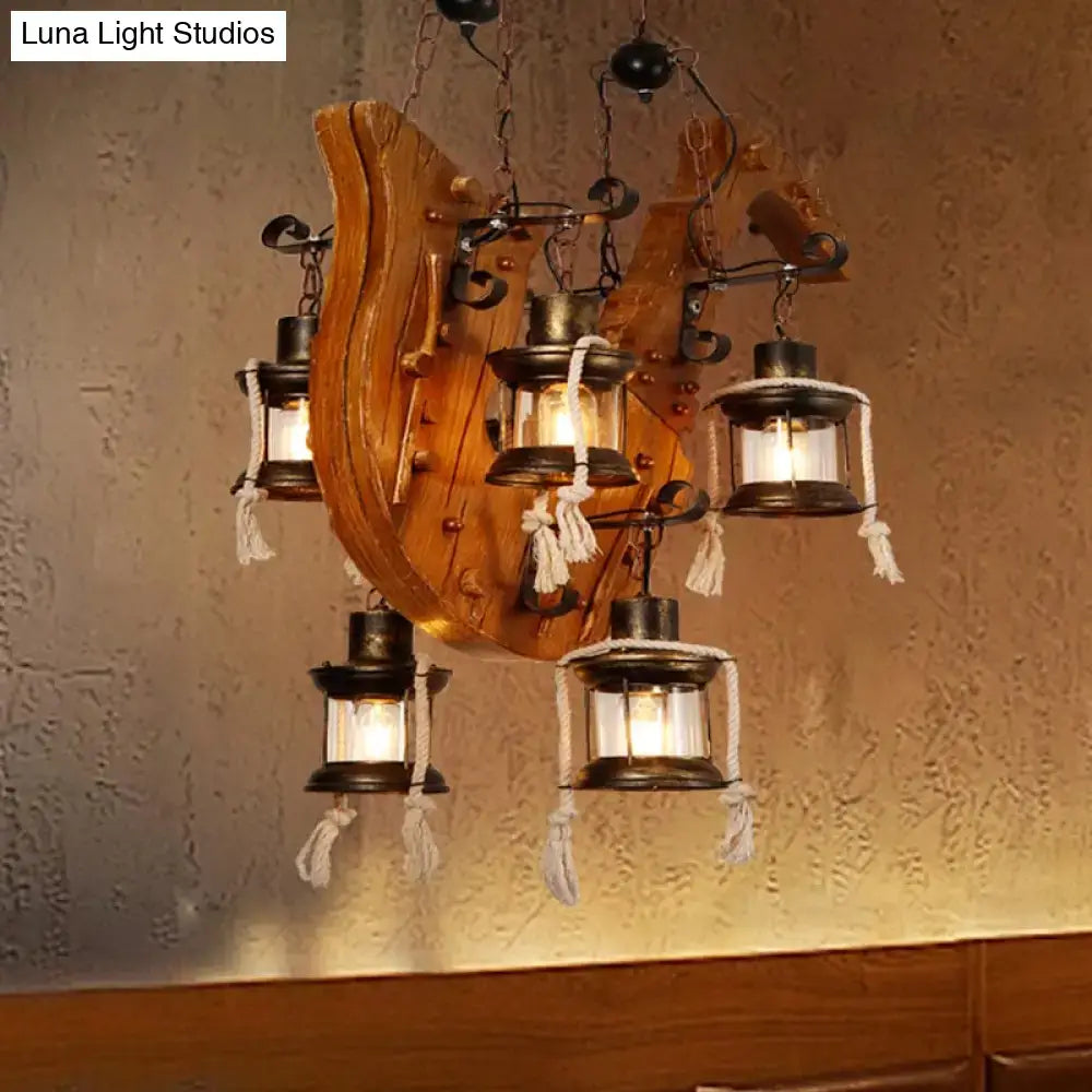 Rustic DecorBites™ 6-light wooden chandelier with e26 e27 kerosene clear glass shades and dark metal lantern frames