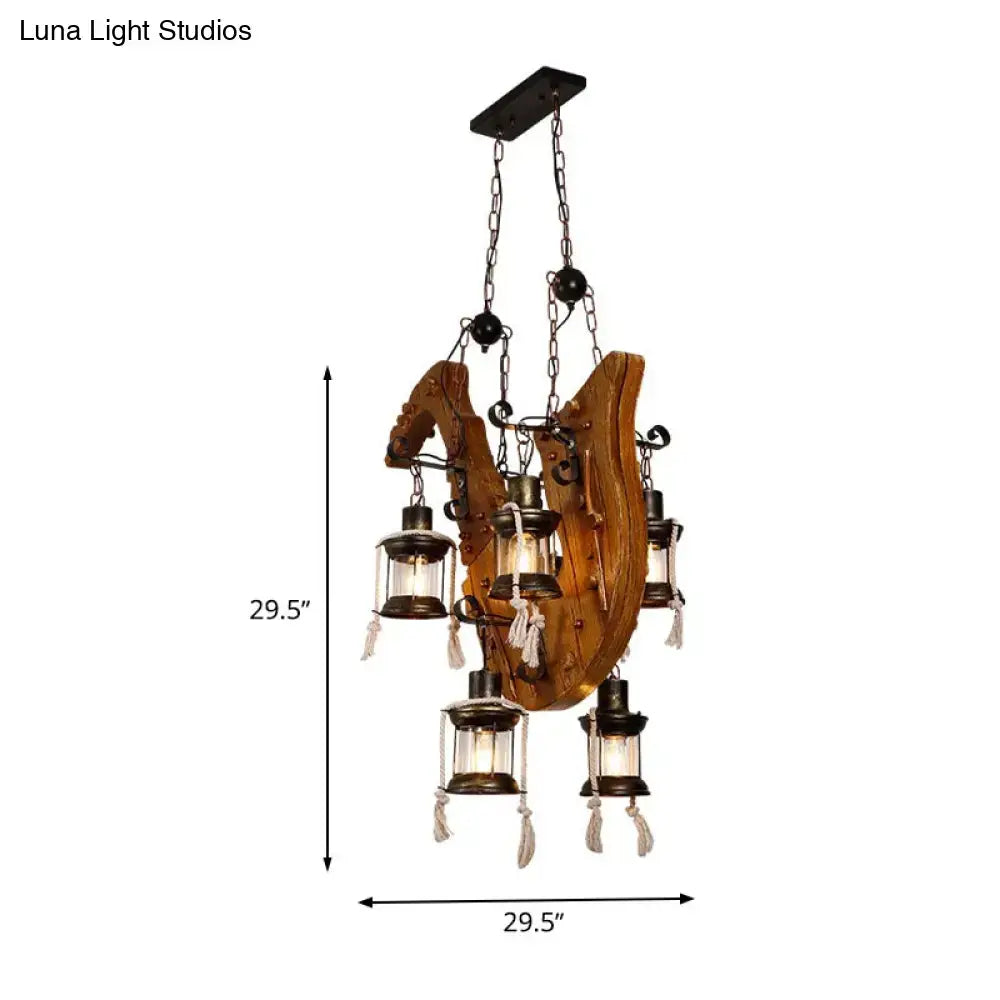 Rustic wooden horseshoe chandelier with 6 e26 e27 lanterns and hanging tassels for dining room island lighting