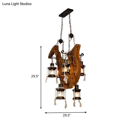 Rustic wooden horseshoe chandelier with 6 e26 e27 lanterns and hanging tassels for dining room island lighting
