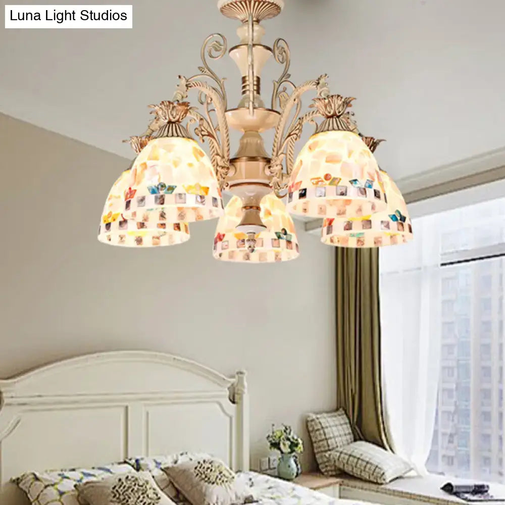 DecorBites™ 5-light antique brass chandelier with white and gold tiffany style stained glass mosaic shades