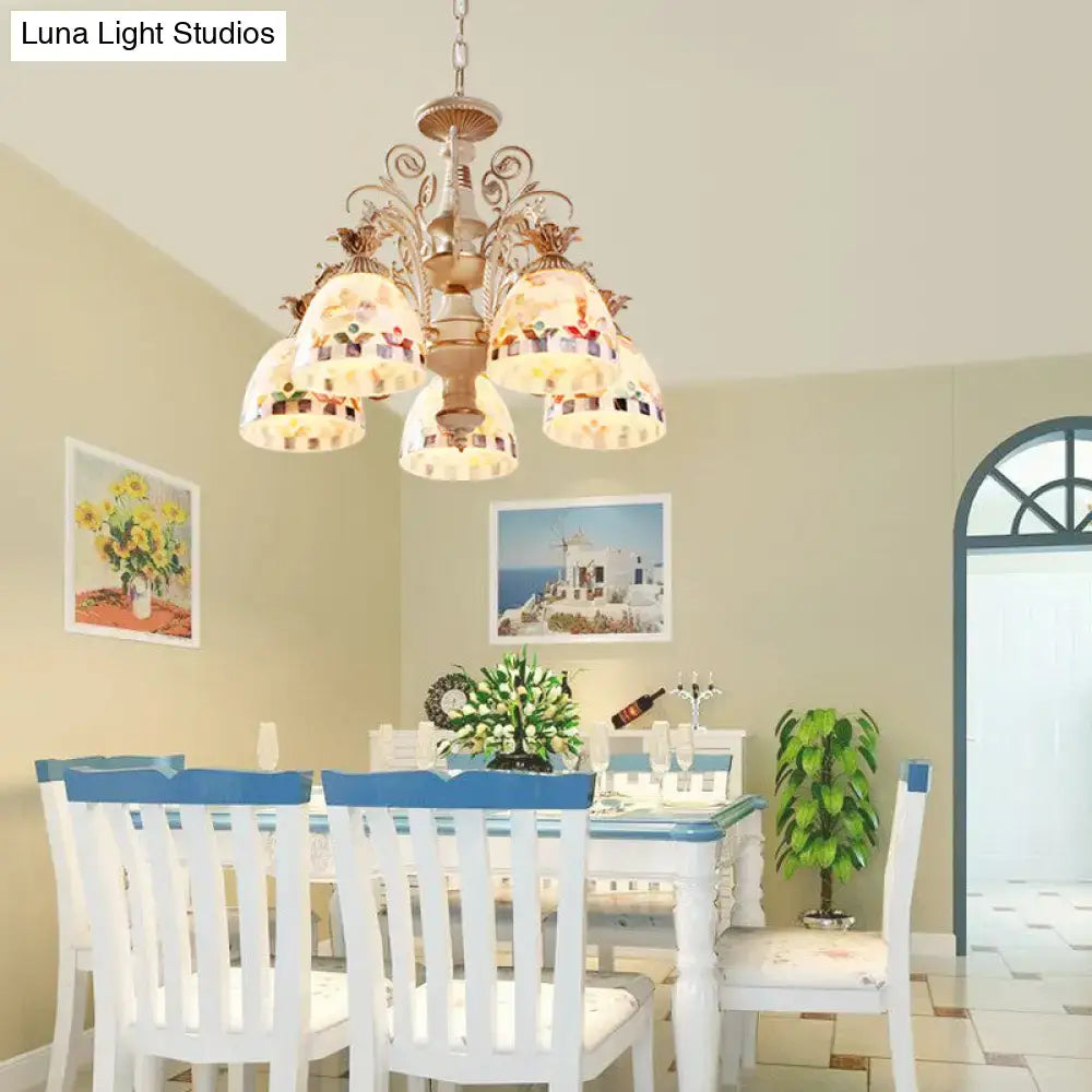 DecorBites 3/5 lights chandelier pendant light with antique brass and white stained glass tiffany style shades