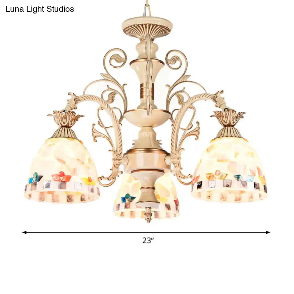 Beige and gold DecorBites 3 light chandelier pendant with tiffany style stained glass mosaic shades
