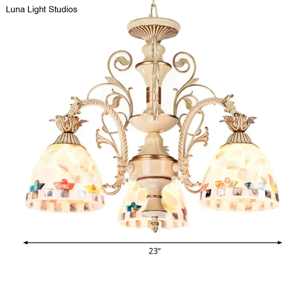 Beige and gold decorbites chandelier pendant light with three stained glass tiffany style mosaic shades