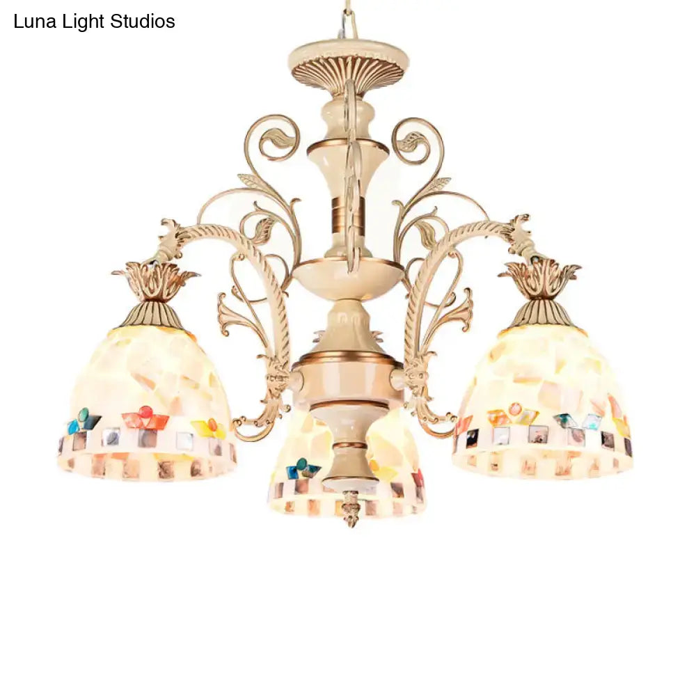 Beige ornate DecorBites™ chandelier pendant light with three colorful tiffany style stained glass mosaic shades