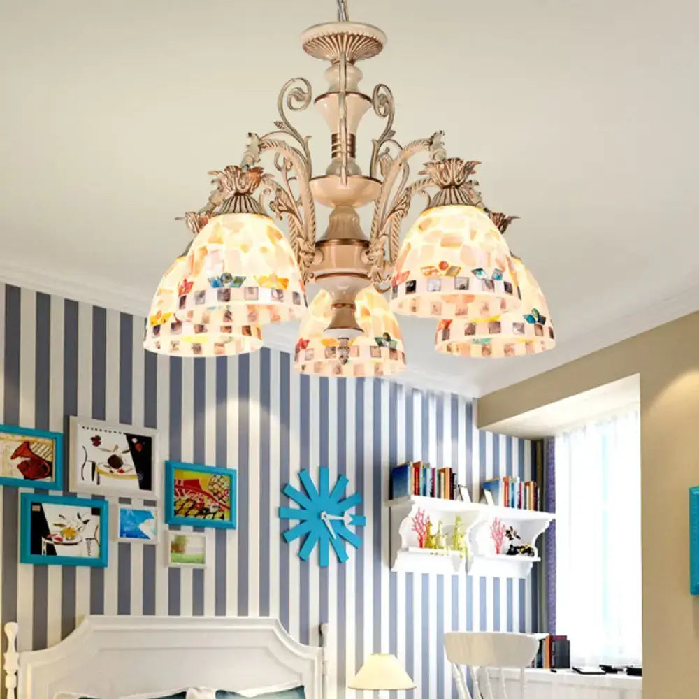 Decorbites 3/5 lights chandelier pendant light with cream metal arms and stained glass tiffany style mosaic shades