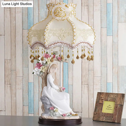Charming Ceramic Girl Night Light Countryside Single Beige Table Lamp with Fabric Shade and Pendant
