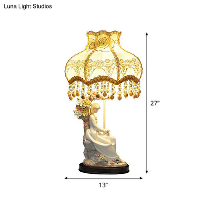 Charming Ceramic Girl Night Light Countryside Single Beige Table Lamp with Fabric Shade and Pendant