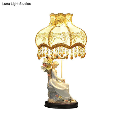 Charming Ceramic Girl Night Light Countryside Single Beige Table Lamp with Fabric Shade and Pendant