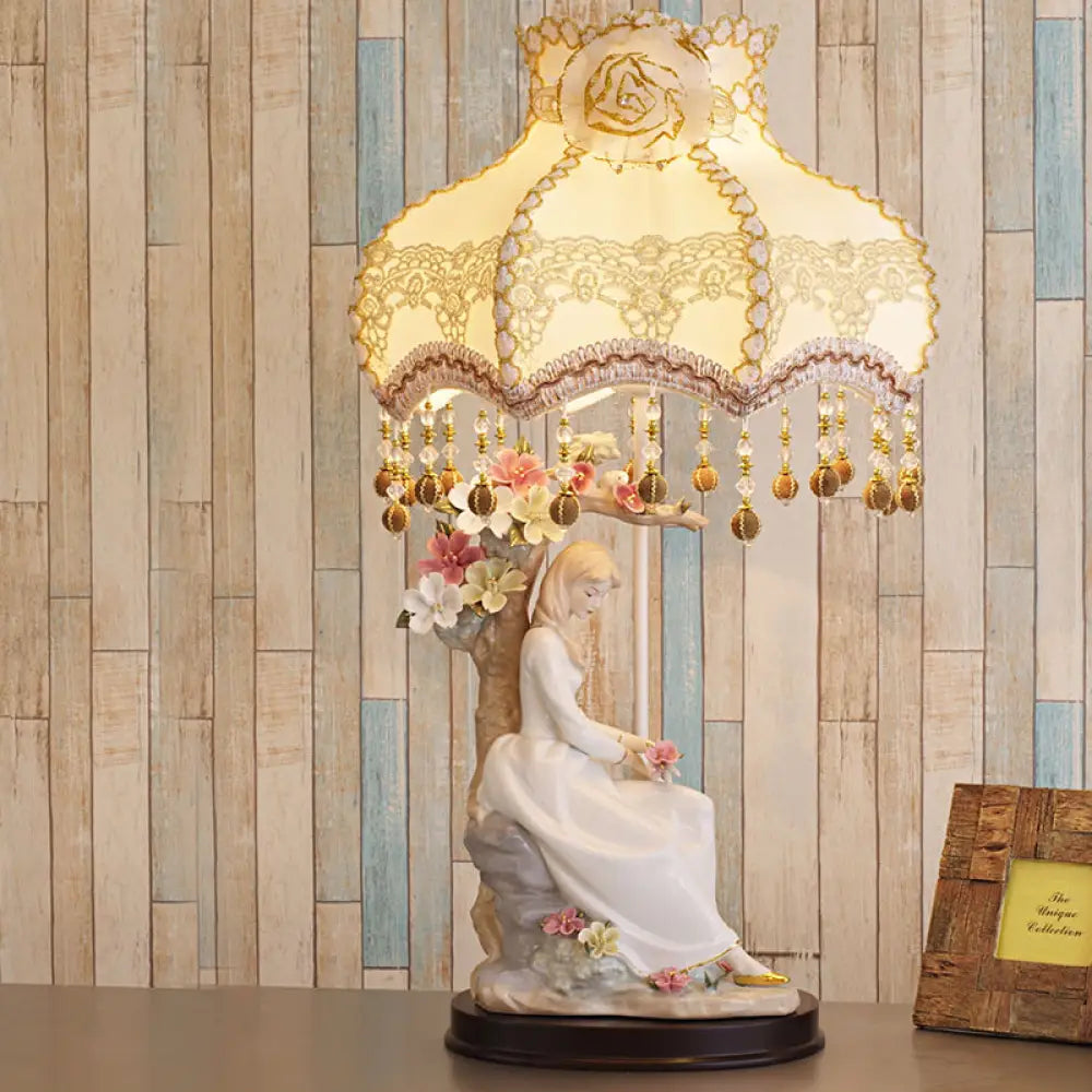 Charming Ceramic Girl Night Light Countryside Single Beige Table Lamp with Fabric Shade and Pendant