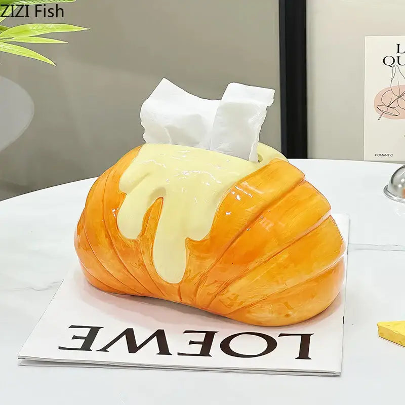 Charming orange and yellow croissant ceramic tissue box by Decorbites for stylish bedroom decor use