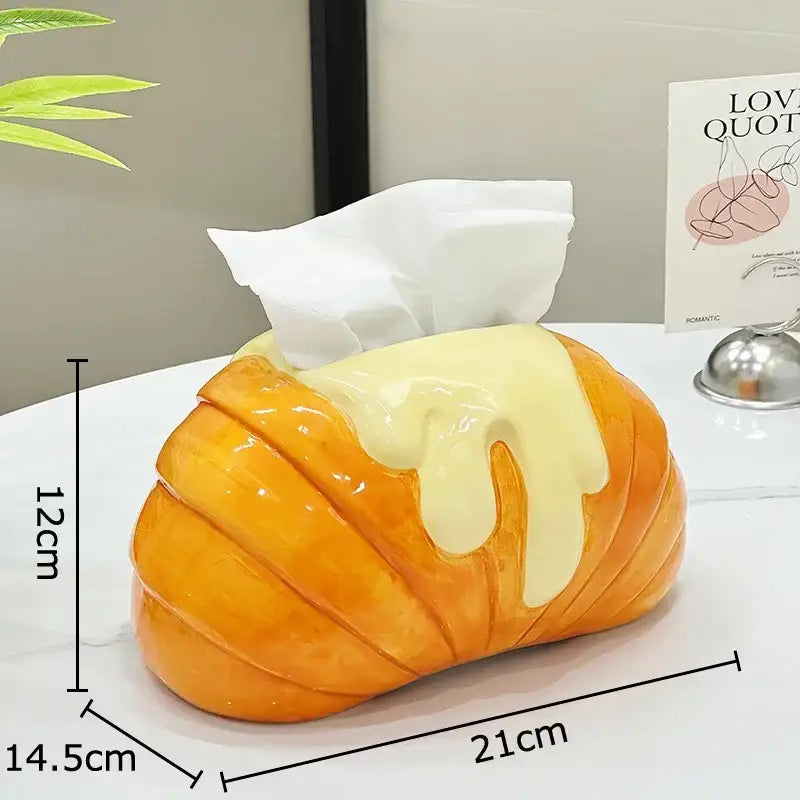 Golden-brown croissant ceramic tissue box with creamy yellow icing decorbites croissant ceramic for bedroom decor