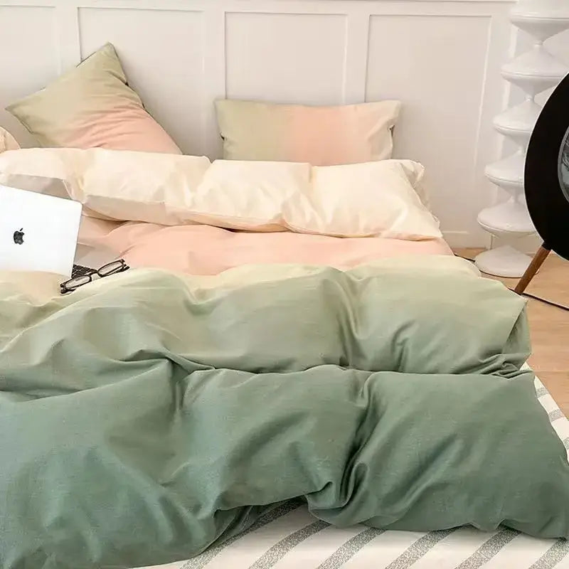 Pastel gradient satin duvet cover set in soft sage green peach and cream tones for elegant bedroom bedding