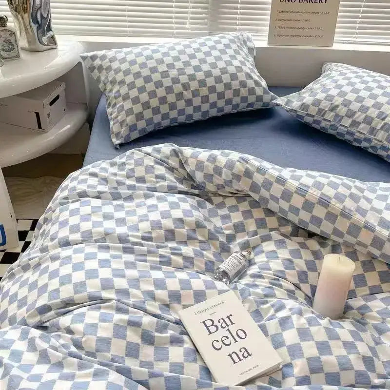 Blue and white checkered duvet cover set featuring satin material suitable for bedroom bedding and cover set use