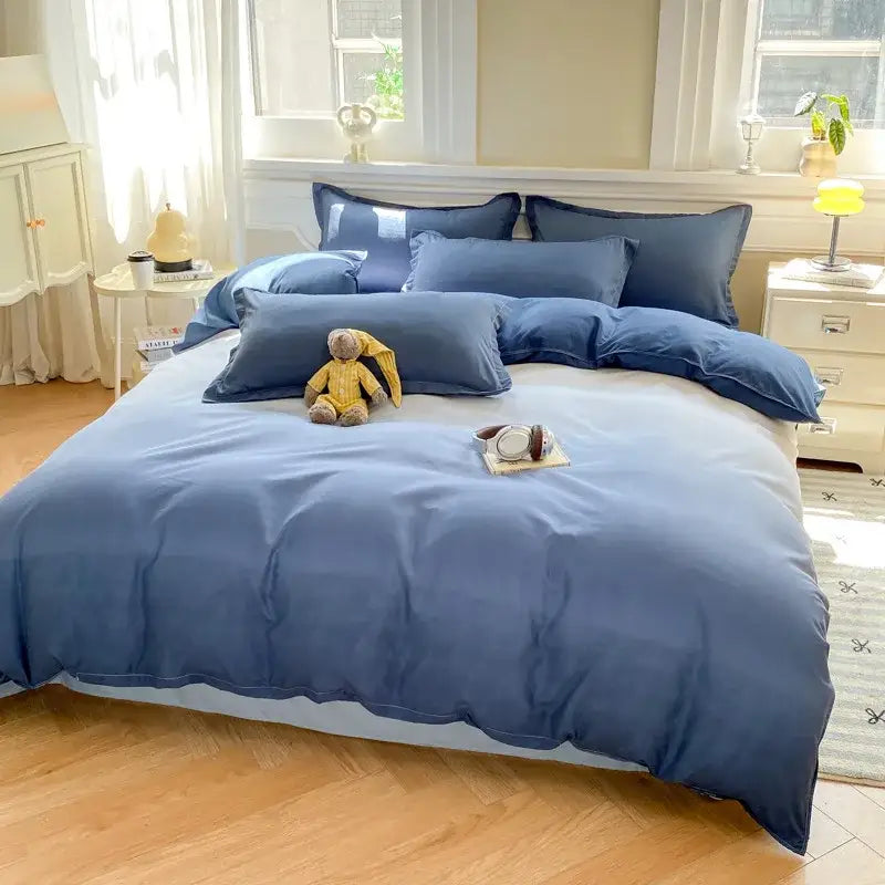 Blue satin duvet cover set with soft sheen and subtle texture for a luxury bedroom bedding cover set