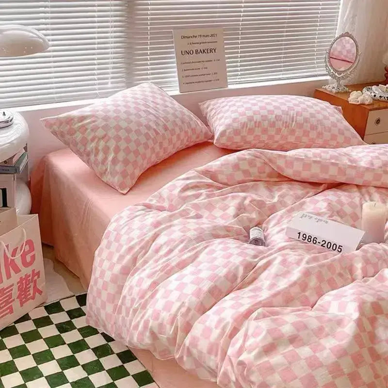Checkerboard black and beige satin duvet cover set with pink and white checkered plush duvet cover for bedroom bedding