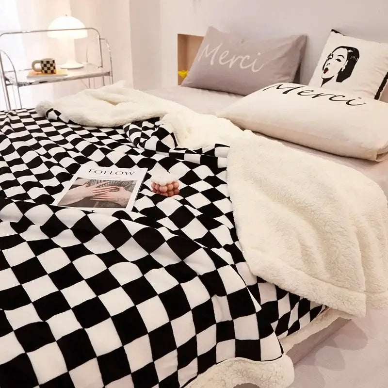 Black and white decorbites checkerboard lamb fleece blanket with plush cream sherpa lining for bedroom throw decor