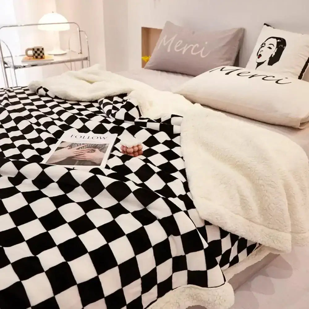 Black and white checkered decorbites checkerboard lamb fleece blanket with soft plush texture for bedroom throw decor