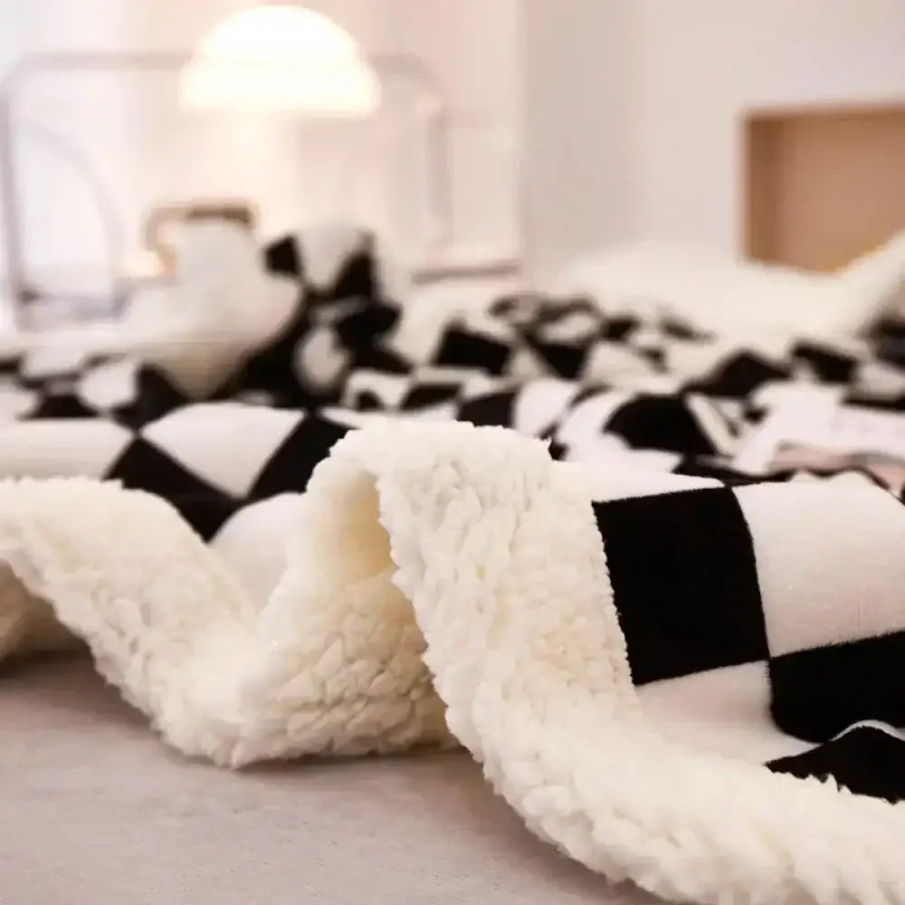 A cozy black and white decorbites checkerboard lamb fleece blanket with a plush soft texture perfect for bedroom throw