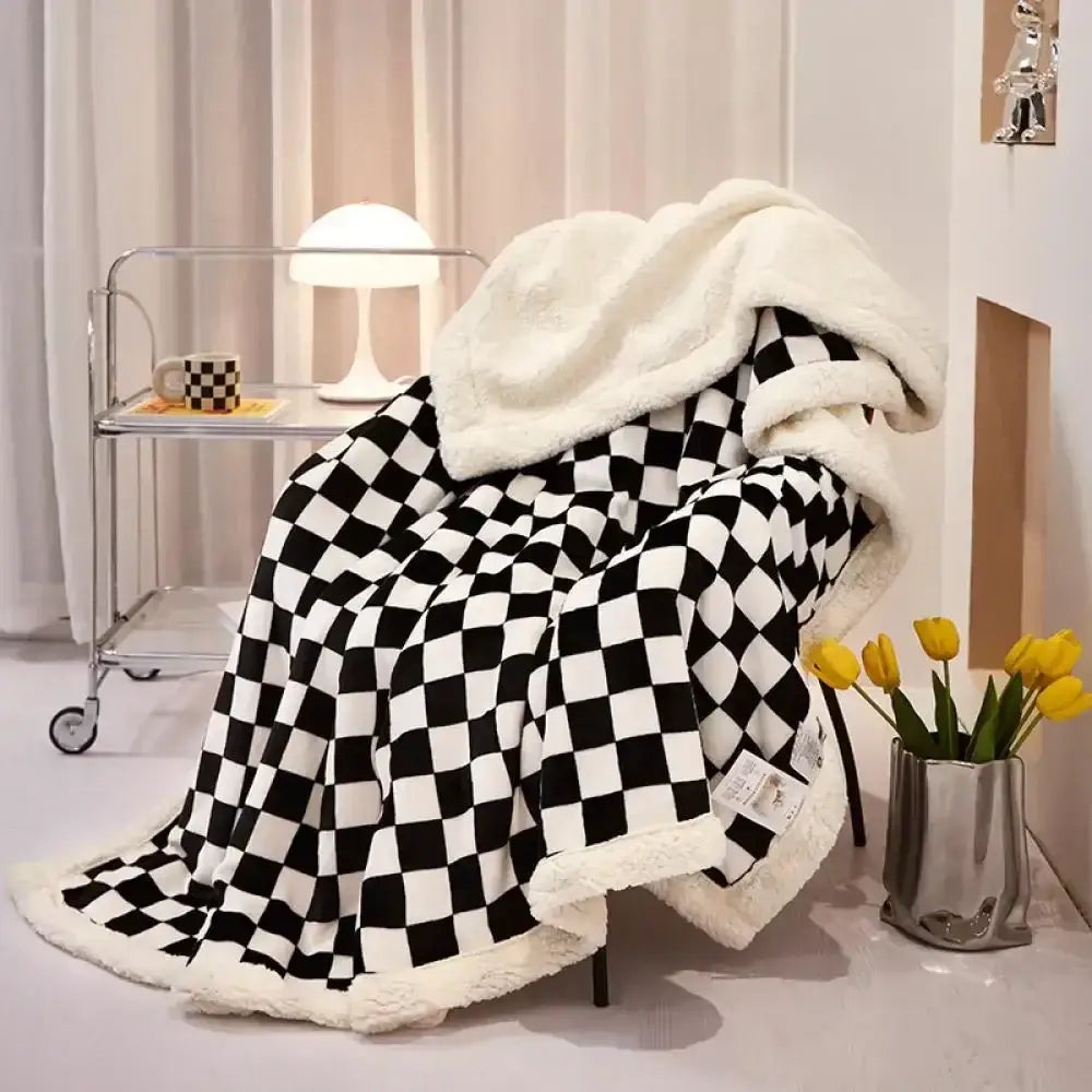 A cozy black and white checkered decorbites checkerboard lamb fleece blanket with plush cream fleece lining for bedroom throw