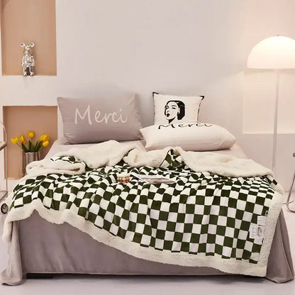 Green and white checkered fleece lamb fleece blanket with plush cream sherpa trim from decorbites checkerboard lamb collection