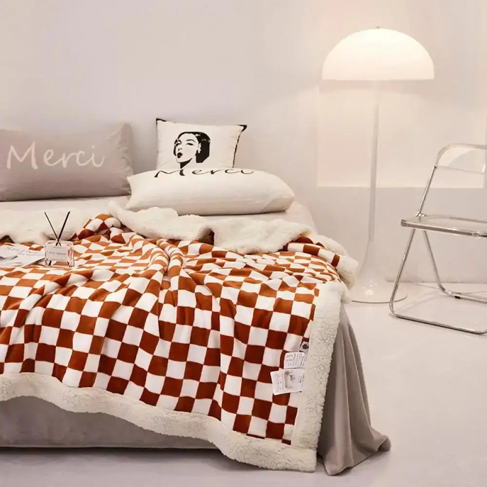 Warm orange and white checkered lamb fleece blanket with plush fuzzy border for cozy decorbites checkerboard lamb throw