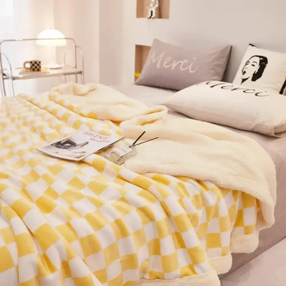 Yellow and white checkered plush lamb fleece blanket from decorbites perfect for cozy bedroom decor and throws