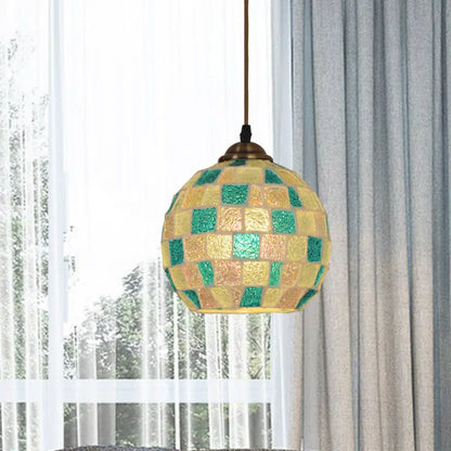 Checkered Globe Pendant Lamp - Tiffany Style, Green and White Glass Hanging Light Fixture