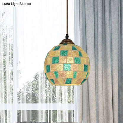 Checkered Globe Pendant Lamp - Tiffany Style, Green and White Glass Hanging Light Fixture