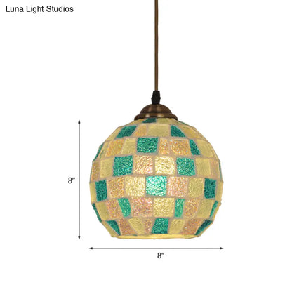 Checkered Globe Pendant Lamp - Tiffany Style, Green and White Glass Hanging Light Fixture