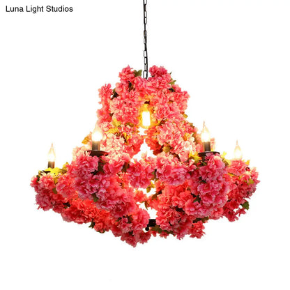Cherry Blossom Chandelier: Antique Pink Metal Pendant Light with 7 LED Lights for Restaurants