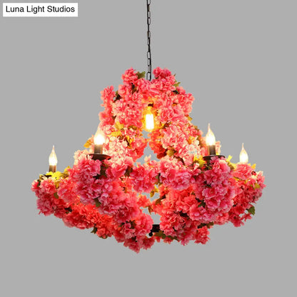 Cherry Blossom Chandelier: Antique Pink Metal Pendant Light with 7 LED Lights for Restaurants