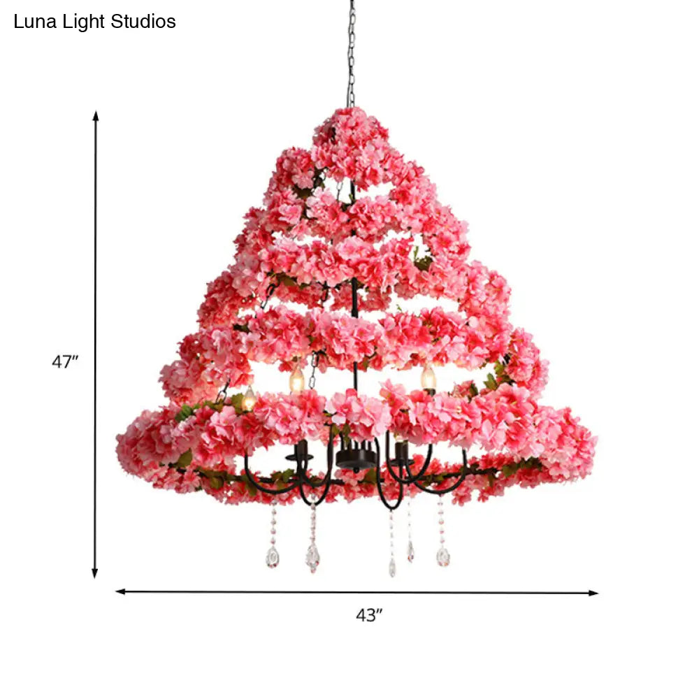 Cherry Blossom Chandelier: Industrial Metal 5-Bulb Pink Hanging Lamp with Crystal, 31.5"/43" Width