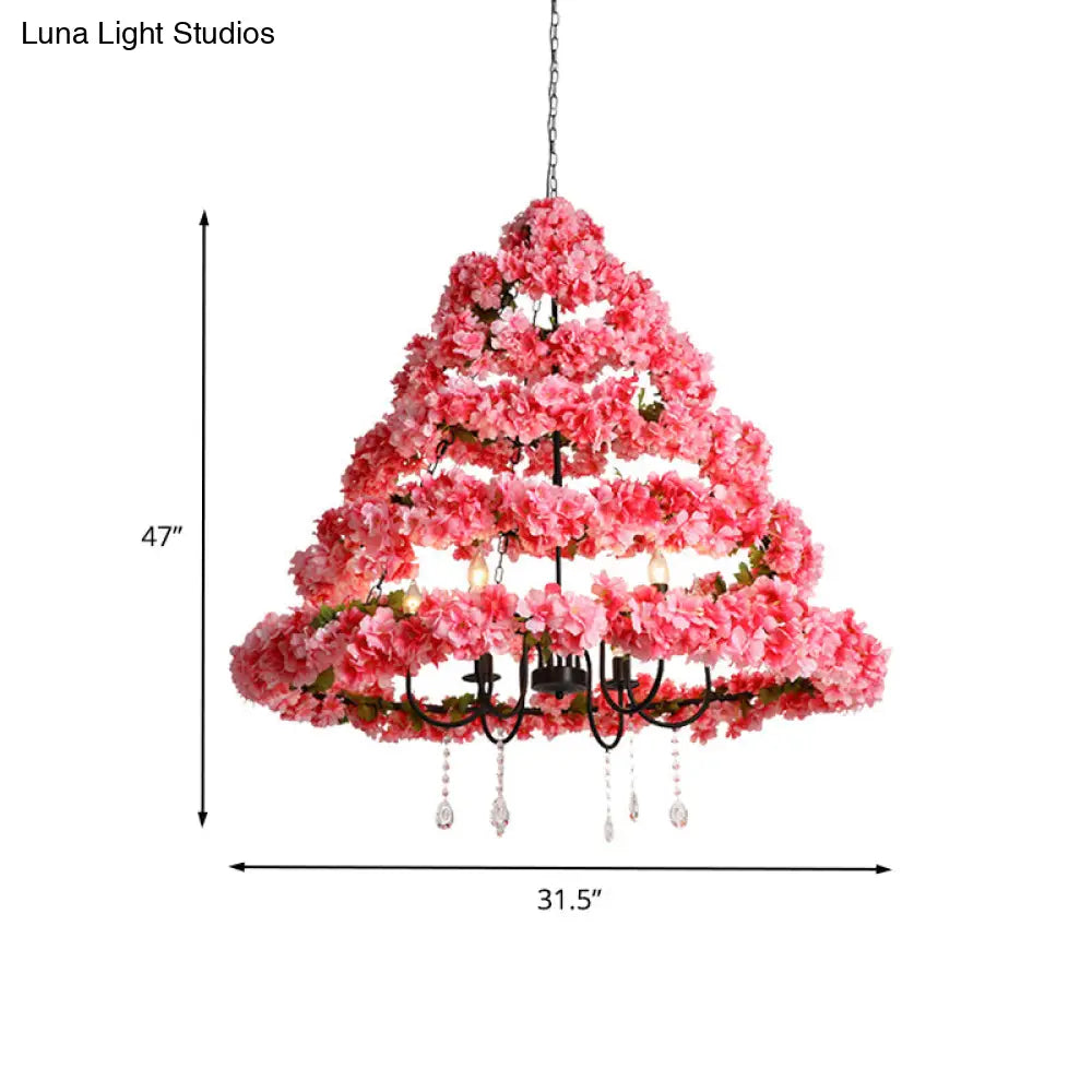 Cherry Blossom Chandelier: Industrial Metal 5-Bulb Pink Hanging Lamp with Crystal, 31.5"/43" Width