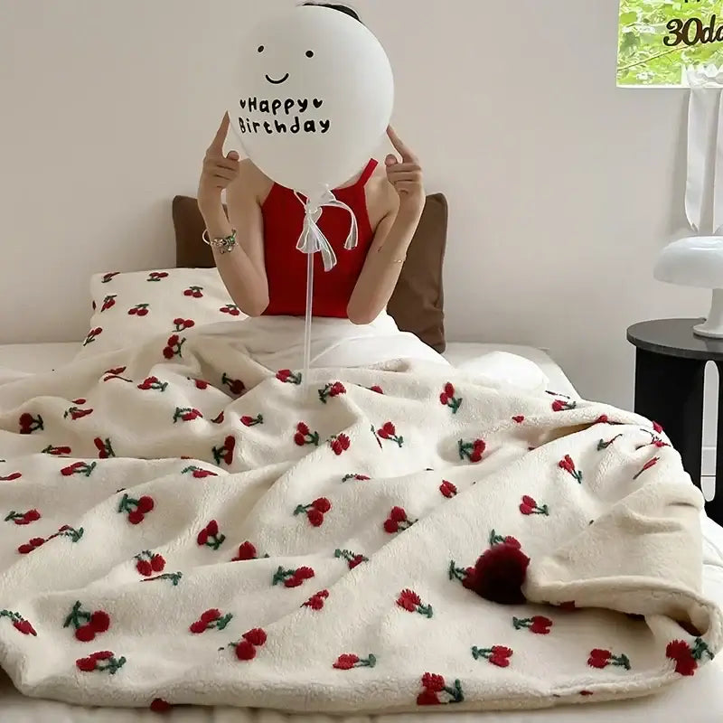 White sheep rollie loop fleece blanket with red cherry embroidery and fluffy pom-pom corner for bedroom use
