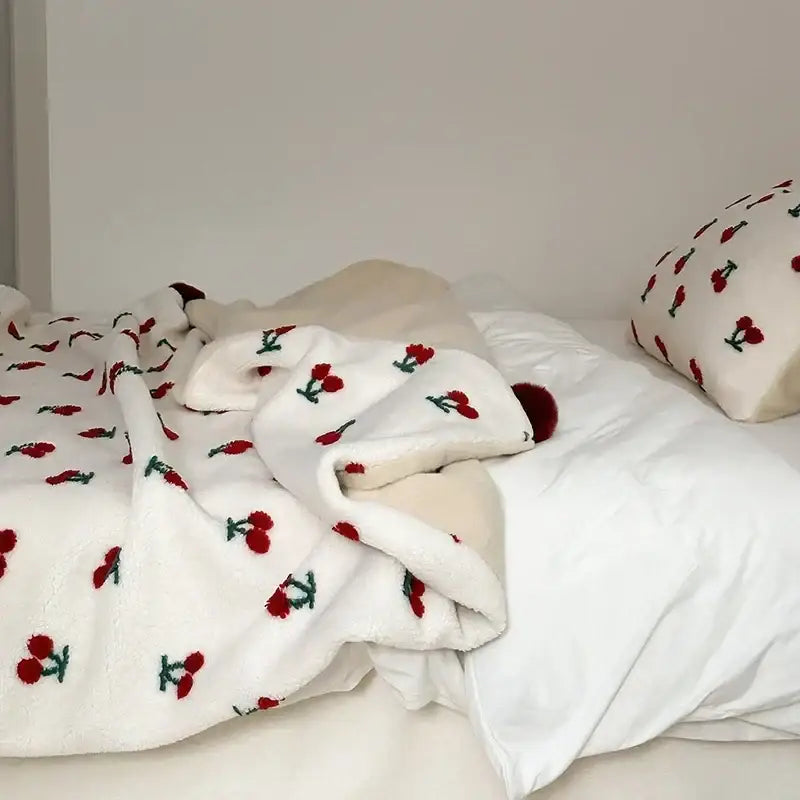 Cream white plush sheep rollie loop fleece blanket with red cherry embroidery and matching pillow for bedroom decor