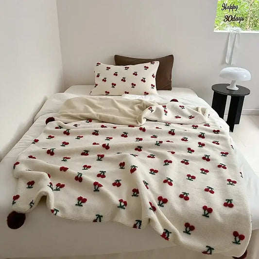 Cream-colored rollie loop fleece blanket with red cherry embroidery green stems and pom-poms on corners sheep rollie loop