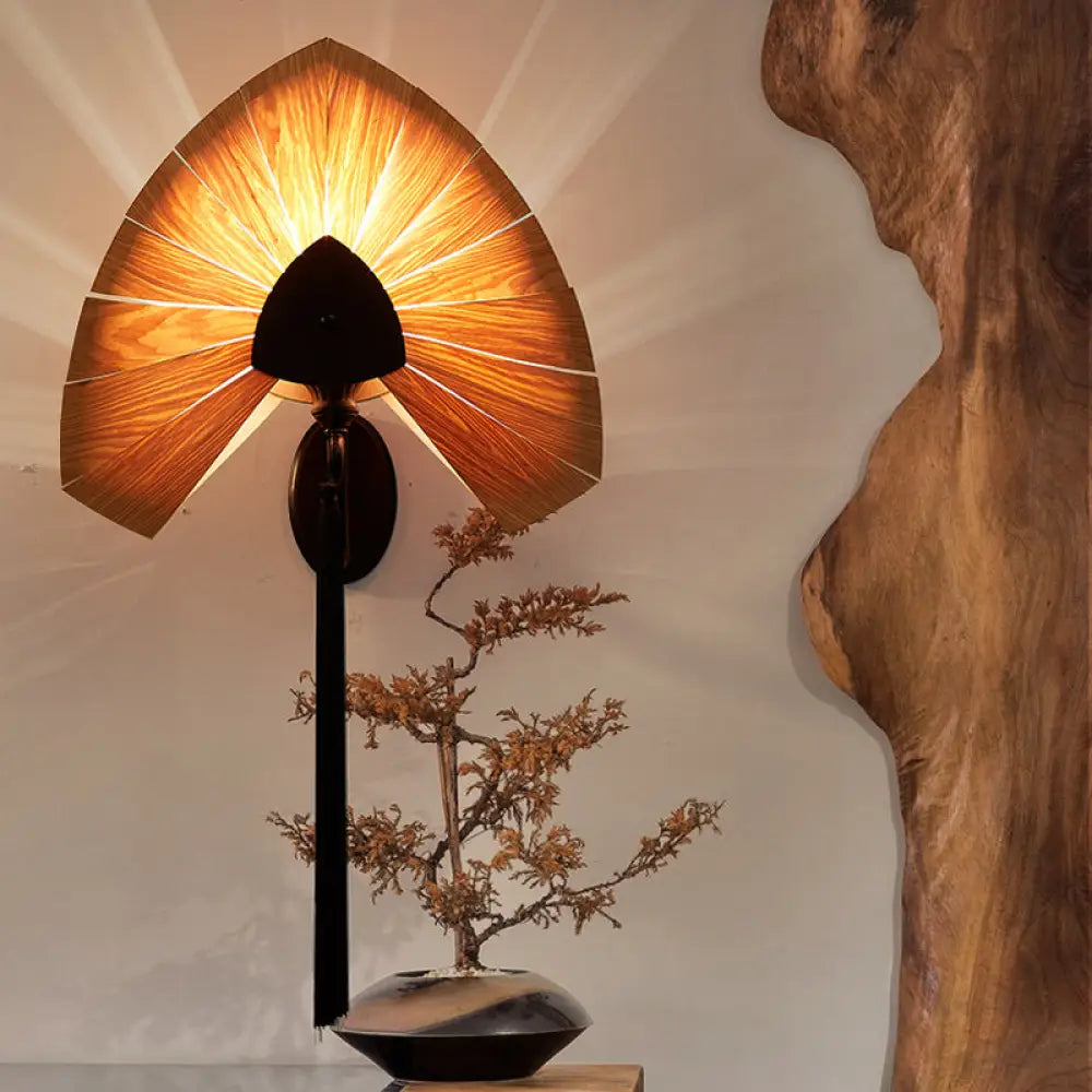 Cherry Wood Sconce Light: East Asian 1-Light Beige Wall Mount Lamp with Black Tassel Fringe