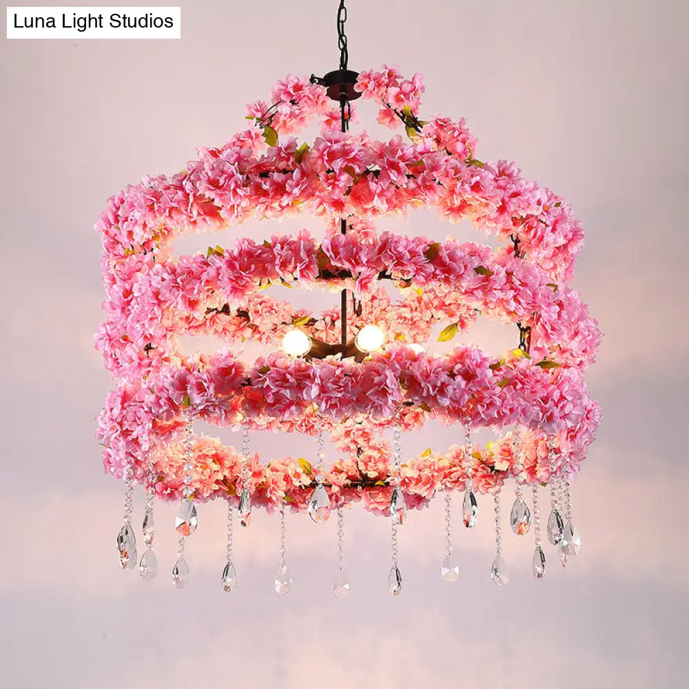 Cherry Wreath Chandelier - 6-Bulb Loft Style Pink Metallic Ceiling Light with Crystal Deco