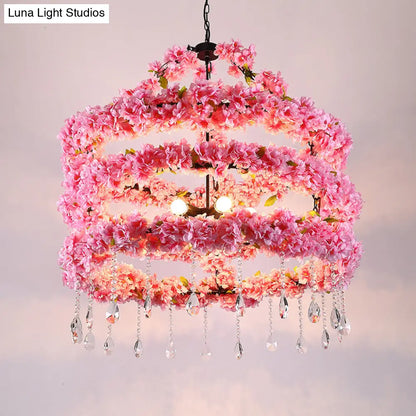 Cherry Wreath Chandelier - 6-Bulb Loft Style Pink Metallic Ceiling Light with Crystal Deco