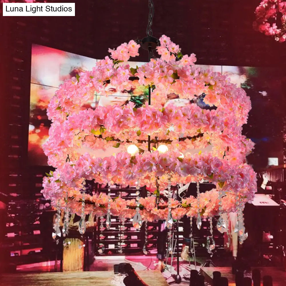Cherry Wreath Chandelier - 6-Bulb Loft Style Pink Metallic Ceiling Light with Crystal Deco