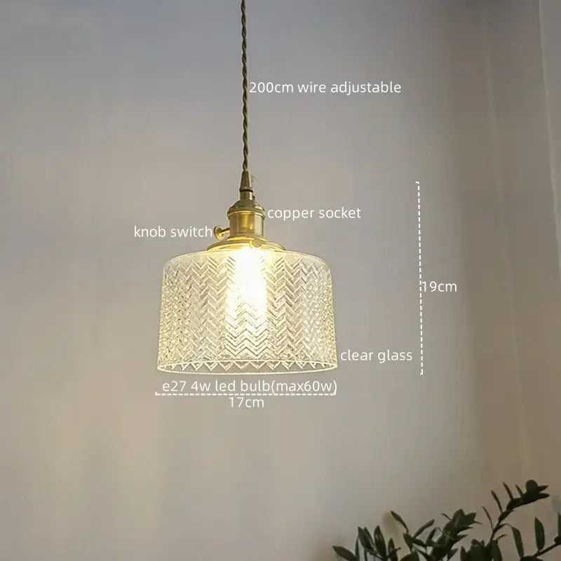 Chevron green glass pendant light with textured pattern and brass-finished copper socket for kitchen lighting