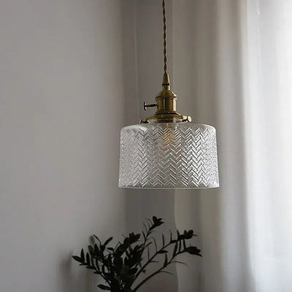 Chevron green glass pendant light with herringbone pattern brass hardware and twisted cord for kitchen lighting