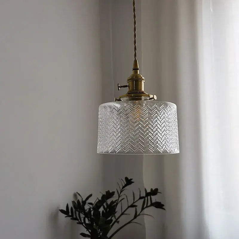 Chevron green glass pendant light with herringbone pattern brass hardware and twisted cord for kitchen lighting