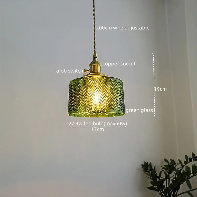 Chevron green glass pendant light with copper socket and knob switch featuring an intricate chevron pattern