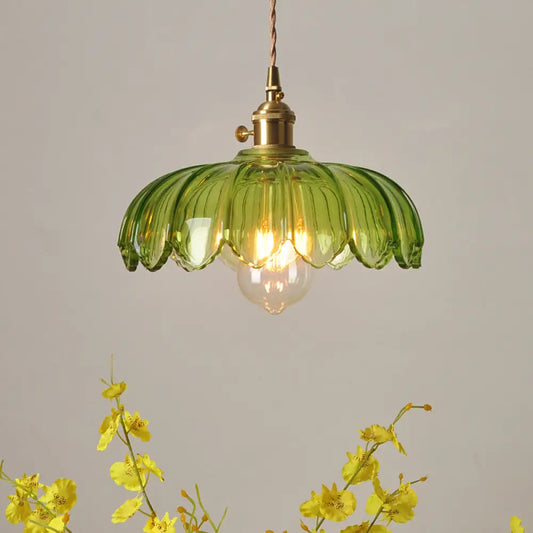 Chiara - Vintage Brass Pendant Light with Green Glass Scalloped Shade