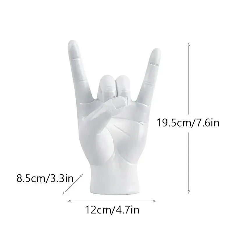 White resin hand gesture sculpture in a rock gesture with realistic joints for chic living room decor