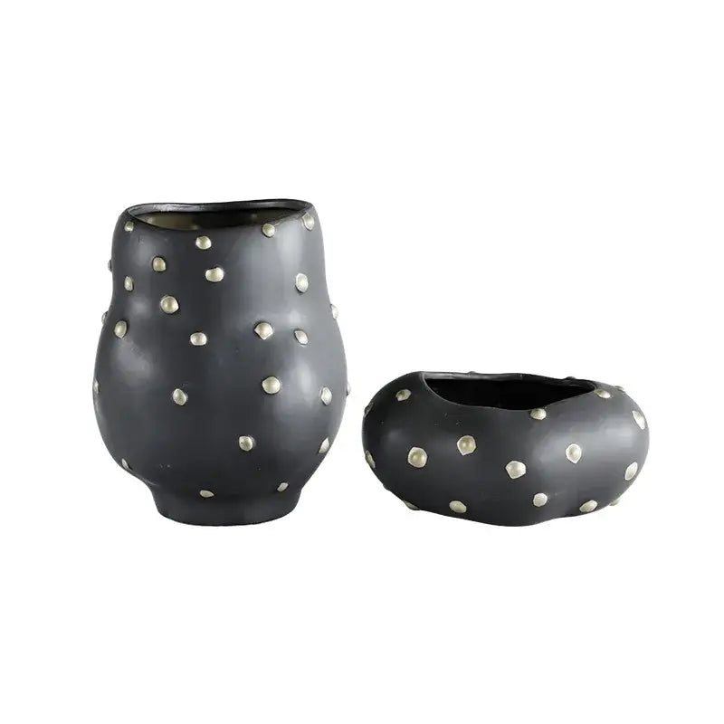 Chic black resin flower pot with gold accent featuring black ceramic vases with silver metallic dots for decorbites black resin decor