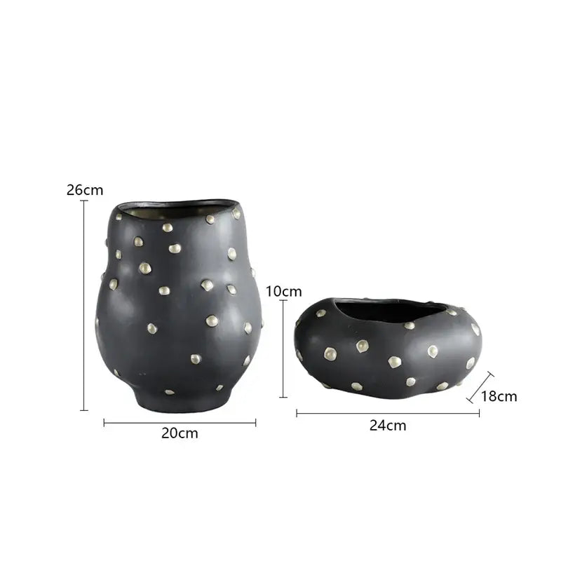 Chic black resin flower pot with gold accent featuring metallic silver studs for stylish living room decorbites black resin